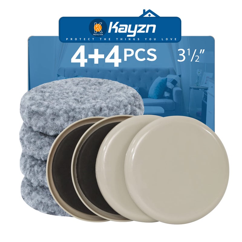 Kayzn Furniture Sliders, Multi-Surface Furniture Sliders for Carpet & Hardwood Floors, 4 Pack 3 1/2"" Furniture Movers for Carpet + 4 Hardwood Socks, Move Furniture on Any Surface Easily! - Image 1